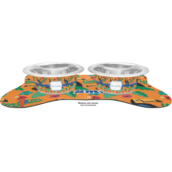 Toucans Metal Pet Bowls - On Dog Bone Shaped Mat