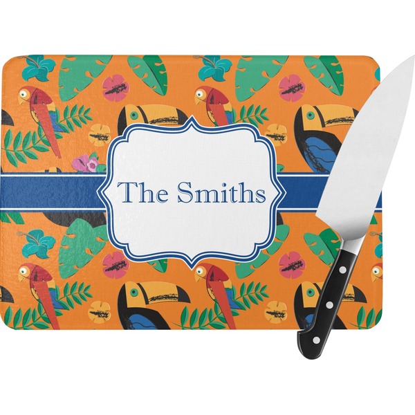 Custom Toucans Rectangular Glass Cutting Board - Large - 15.25"x11.25" w/ Name or Text