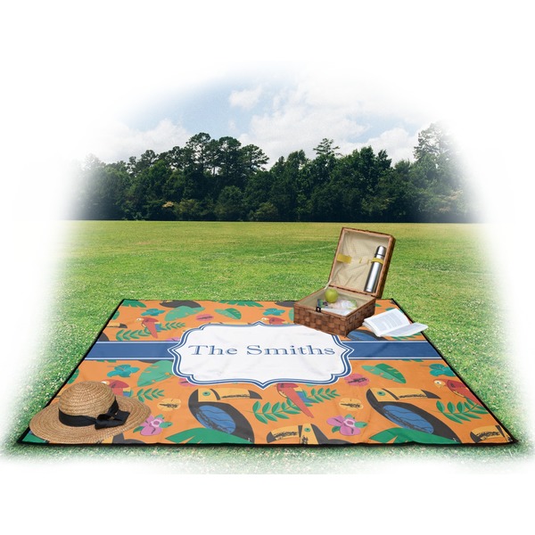 Toucans Picnic Blanket - with Basket Hat and Book - in Use