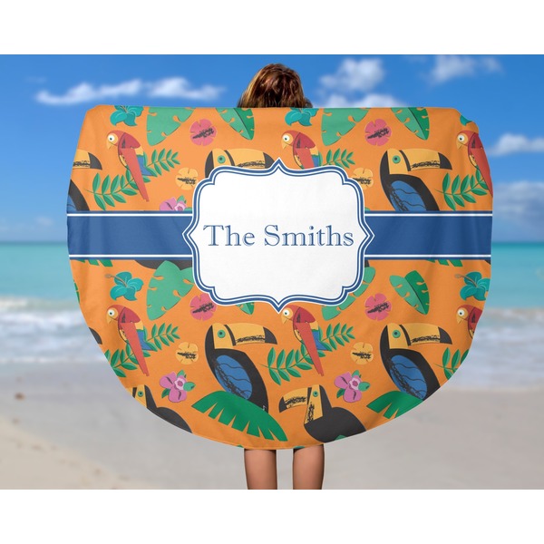 Toucans Round Beach Towel - In Use