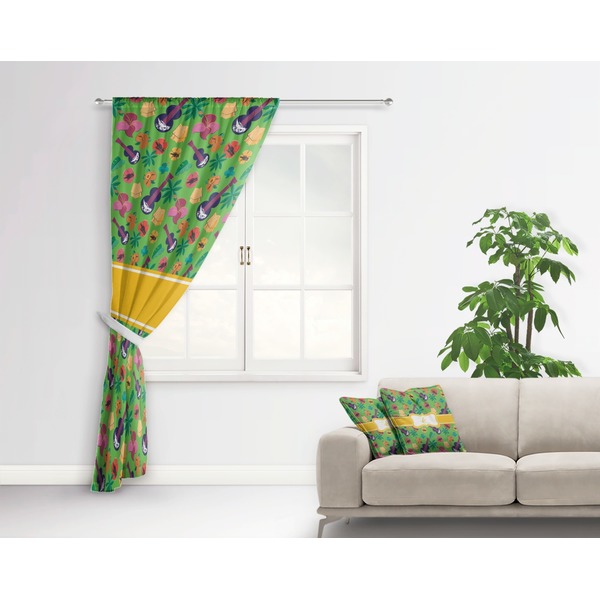 Luau Party Curtain With Window and Rod - in Room Matching Pillow