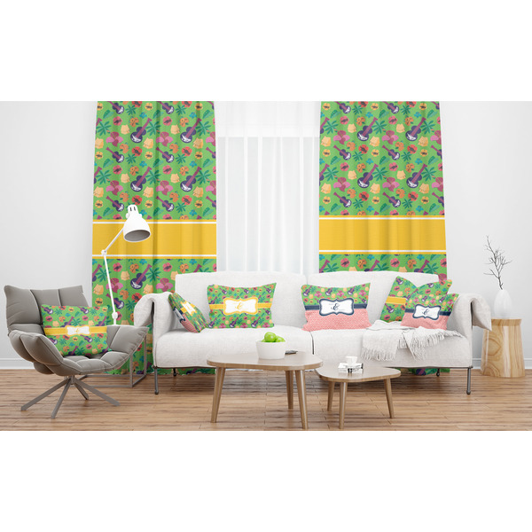 Luau Party Sheer and Custom Curtains in Room with Matching Pillows
