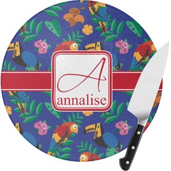 Parrots & Toucans Round Glass Cutting Board - Small (Personalized)