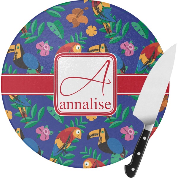 Custom Parrots & Toucans Round Glass Cutting Board - Small (Personalized)