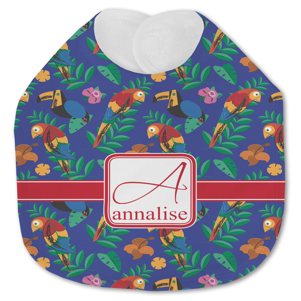 Custom Parrots & Toucans Jersey Knit Baby Bib w/ Name and Initial