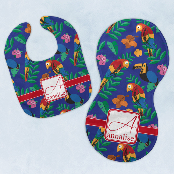 Custom Parrots & Toucans Baby Bib & Burp Set w/ Name and Initial