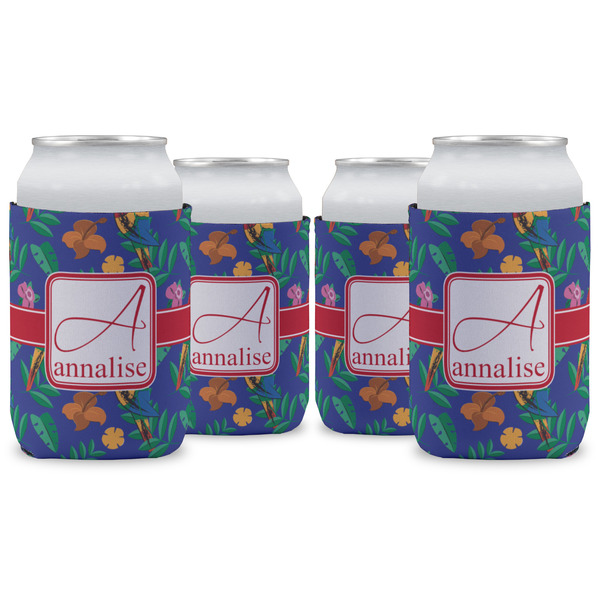 Custom Parrots & Toucans Can Cooler (12 oz) - Set of 4 w/ Name and Initial