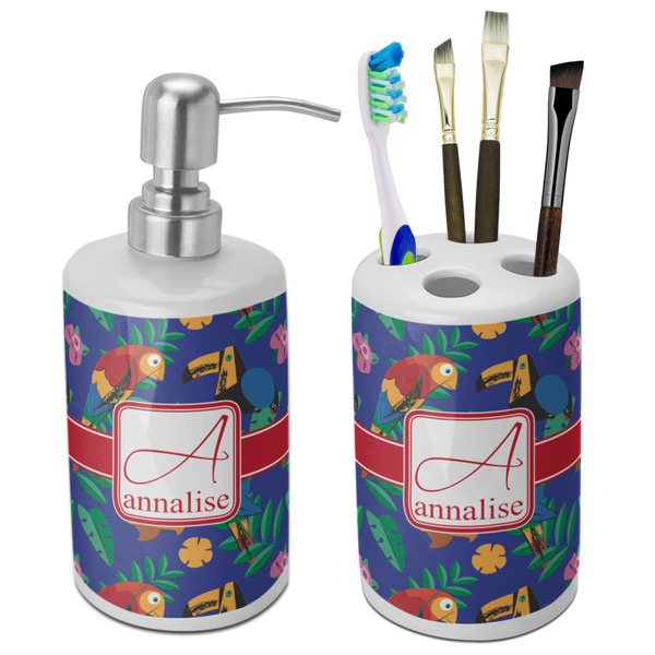 Custom Parrots & Toucans Ceramic Bathroom Accessories Set (Personalized)