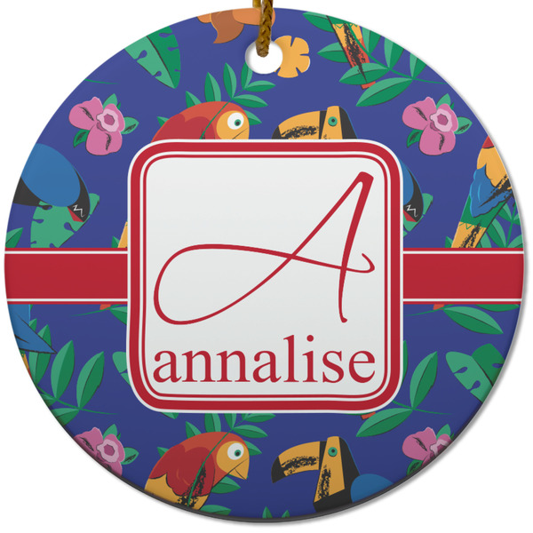 Custom Parrots & Toucans Round Ceramic Ornament w/ Name and Initial