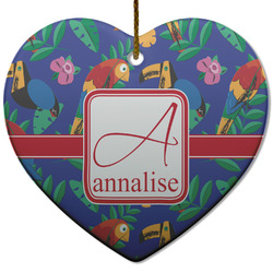 Parrots & Toucans Heart Ceramic Ornament w/ Name and Initial