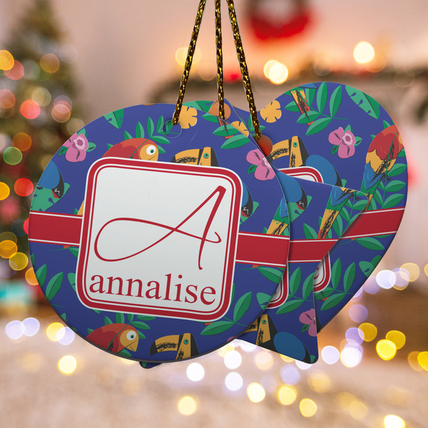 Custom Parrots & Toucans Ceramic Ornament w/ Name and Initial