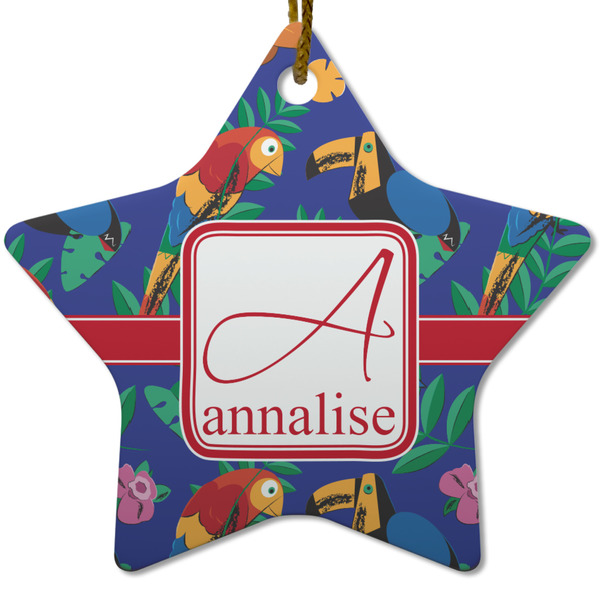 Custom Parrots & Toucans Star Ceramic Ornament w/ Name and Initial