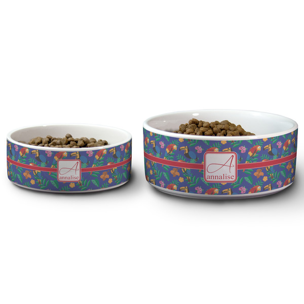Parrots & Toucans Ceramic Dog Bowls - Size Comparison