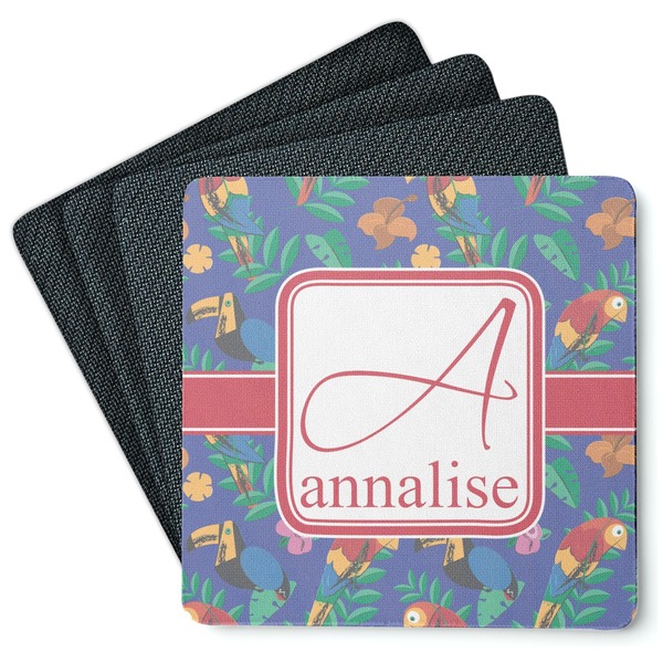 Custom Parrots & Toucans Square Rubber Backed Coasters - Set of 4 (Personalized)