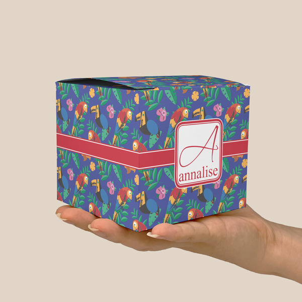 Parrots & Toucans Cube Favor Gift Box - On Hand - Scale View