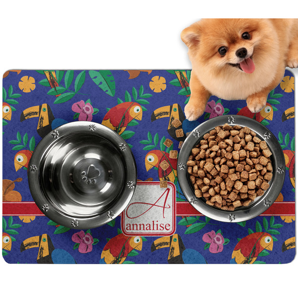 Custom Parrots & Toucans Dog Food Mat - Small w/ Name and Initial