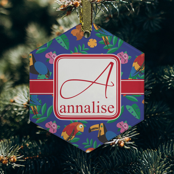 Parrots & Toucans Frosted Glass Ornament - Hexagon (Lifestyle)