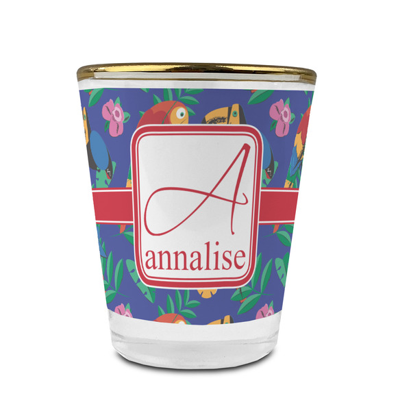 Custom Parrots & Toucans Glass Shot Glass - 1.5 oz - with Gold Rim - Set of 4 (Personalized)