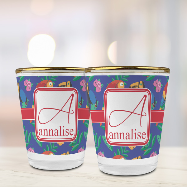Parrots & Toucans Glass Shot Glass - with gold rim - LIFESTYLE