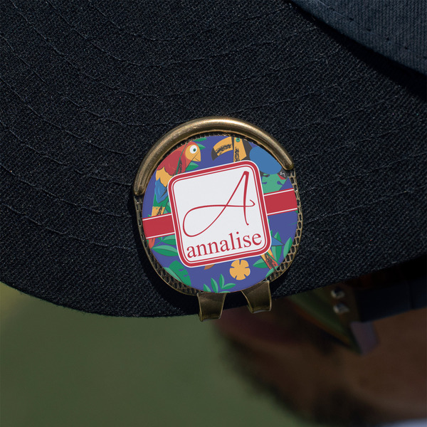 Parrots & Toucans Golf Ball Marker Hat Clip - Gold - On Hat