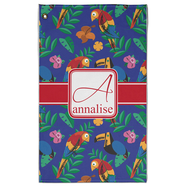 Custom Parrots & Toucans Golf Towel - Poly-Cotton Blend - Large w/ Name and Initial