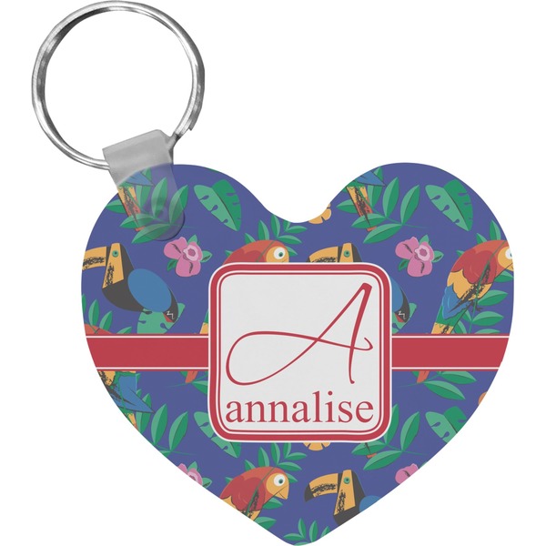 Custom Parrots & Toucans Heart Plastic Keychain w/ Name and Initial