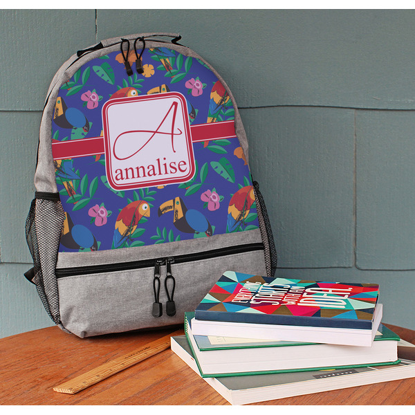 Parrots & Toucans Large Backpack - Gray - On Desk