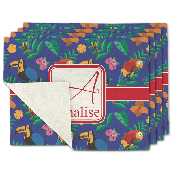 Custom Parrots & Toucans Single-Sided Linen Placemat - Set of 4 w/ Name and Initial
