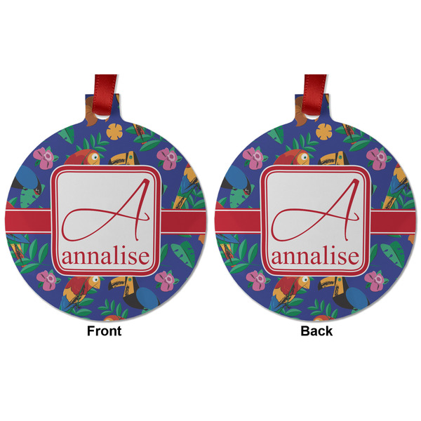 Parrots & Toucans Metal Ball Ornament - Front and Back