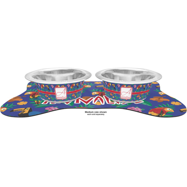 Parrots & Toucans Metal Pet Bowls - On Dog Bone Shaped Mat