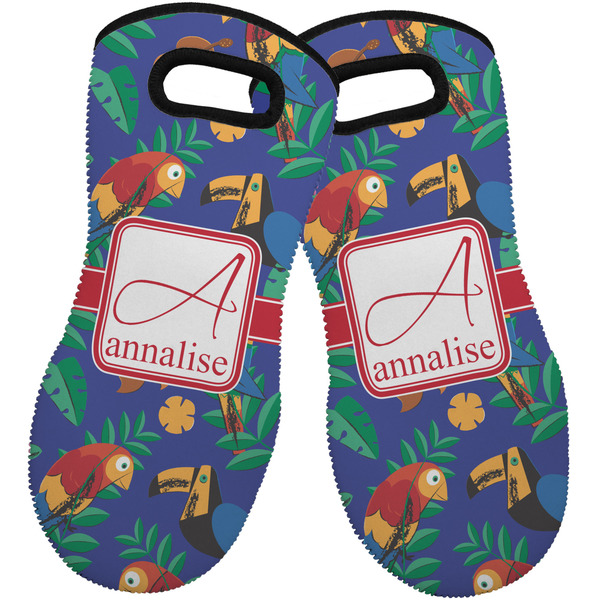 Custom Parrots & Toucans Neoprene Oven Mitts - Set of 2 w/ Name and Initial