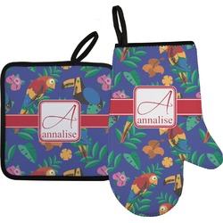 Parrots & Toucans Oven Mitt & Pot Holder Set w/ Name and Initial