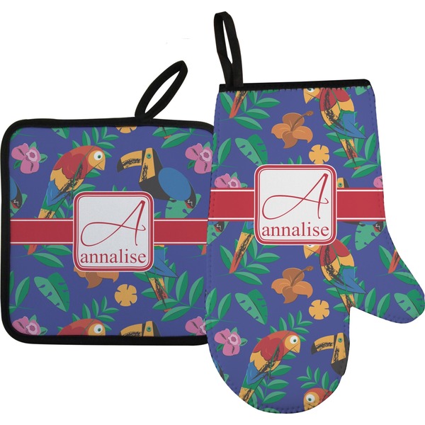Custom Parrots & Toucans Right Oven Mitt & Pot Holder Set w/ Name and Initial