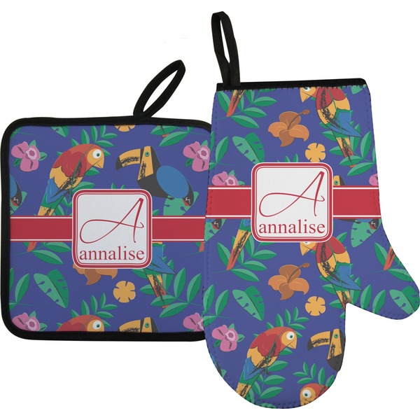 Custom Parrots & Toucans Oven Mitt & Pot Holder Set w/ Name and Initial