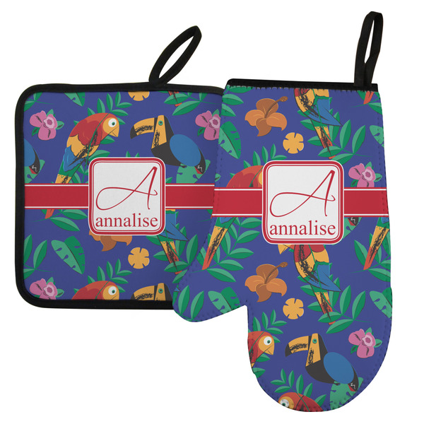 Custom Parrots & Toucans Left Oven Mitt & Pot Holder Set w/ Name and Initial