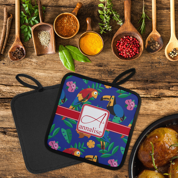 Parrots & Toucans Neoprene Pot Holder - Set of 2  LIFESTYLE (Flatlay)