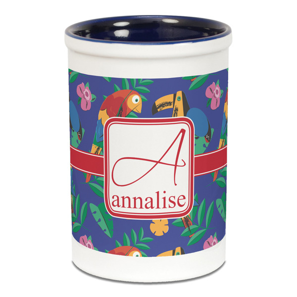 Custom Parrots & Toucans Ceramic Pencil Holders - Blue
