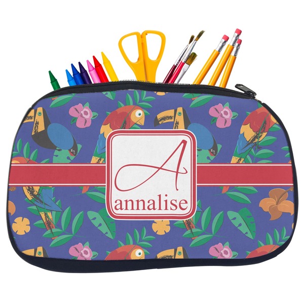 Custom Parrots & Toucans Neoprene Pencil Case - Medium w/ Name and Initial