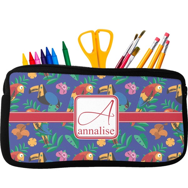 Custom Parrots & Toucans Neoprene Pencil Case - Small w/ Name and Initial