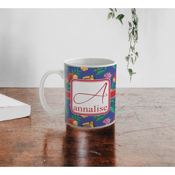 Parrots & Toucans Personalized Coffee Mug - Lifestyle