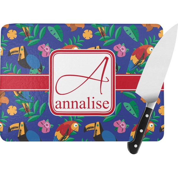 Custom Parrots & Toucans Rectangular Glass Cutting Board - Large - 15.25"x11.25" w/ Name and Initial
