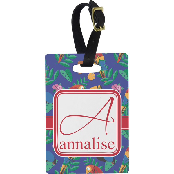 Custom Parrots & Toucans Plastic Luggage Tag - Rectangular w/ Name and Initial