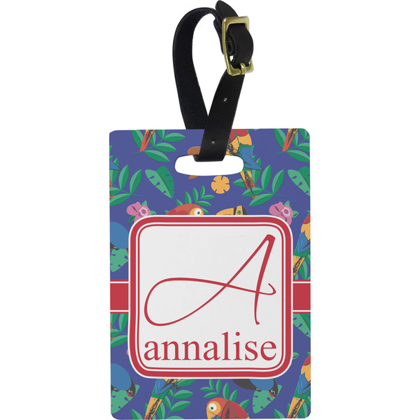 Custom Parrots & Toucans Plastic Luggage Tag - Rectangular w/ Name and Initial
