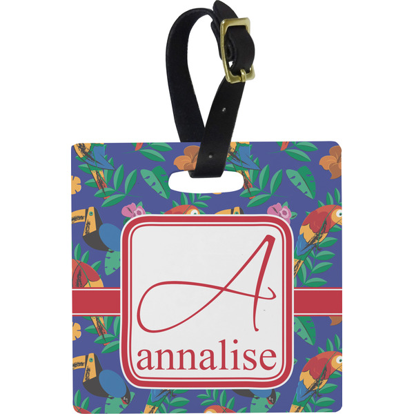 Custom Parrots & Toucans Plastic Luggage Tag - Square w/ Name and Initial
