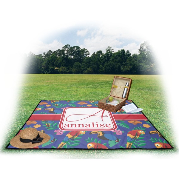 Parrots & Toucans Picnic Blanket - with Basket Hat and Book - in Use