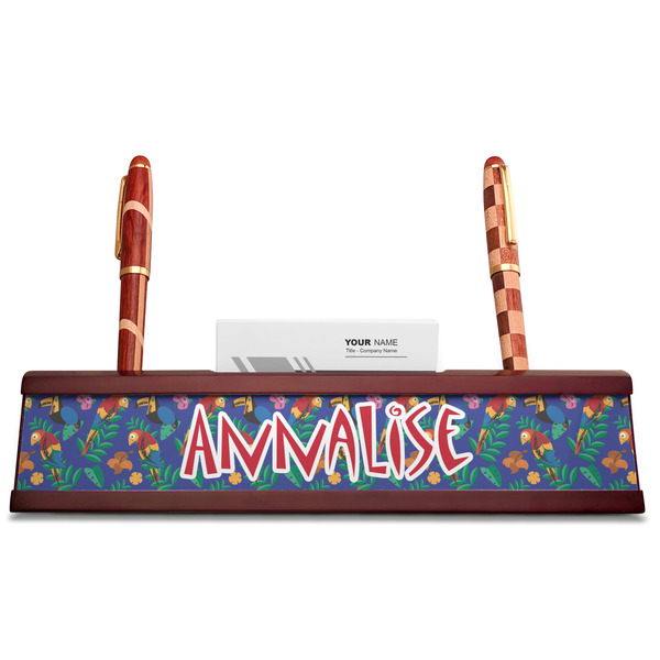 Parrots & Toucans Red Mahogany Nameplates with Business Card Holder - Straight