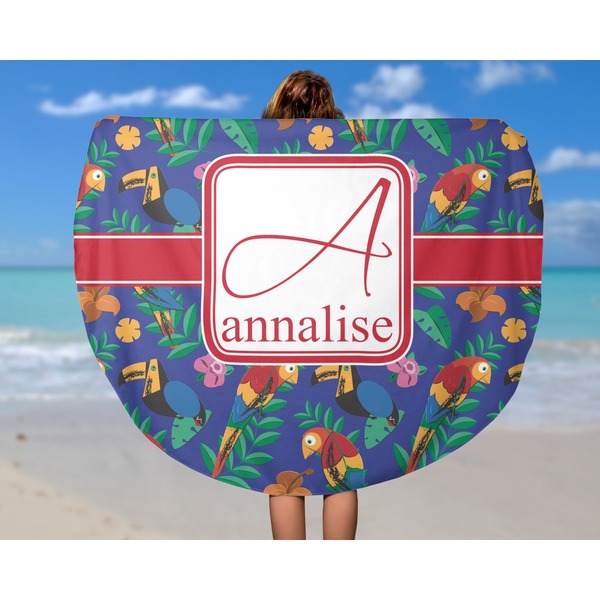 Parrots & Toucans Round Beach Towel - In Use