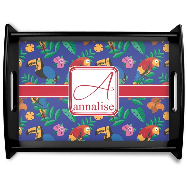 Custom Parrots & Toucans Black Wooden Tray - Large (Personalized)