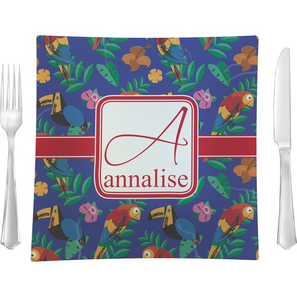 Custom Parrots & Toucans Glass Square Lunch / Dinner Plate 9.5" (Personalized)
