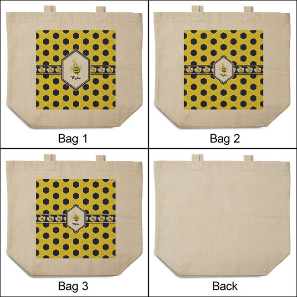Honeycomb 3 Reusable Cotton Grocery Bags - Front & Back View